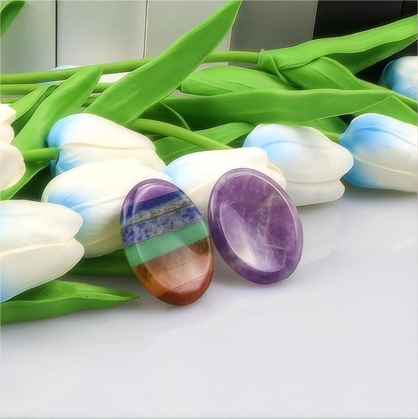 2PCS Worry Stone for Anxiety Tigers Eye Amethyst Healing Crystals Hand Thumb Stones Pocket Gemstones Meditation Accessories Oval Crystal Natural Relax Palm Stone Anxiety Relief Items Stocking Stuffers