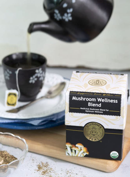 Buddha Teas - Organic Mushroom Wellness Blend - Herbal Tea - For Health & Wellbeing - With Antioxidants & Minerals - Clean Ingredients - Caffeine Free - OU Kosher & Non-GMO - 18 Tea Bags (Pack of 1).