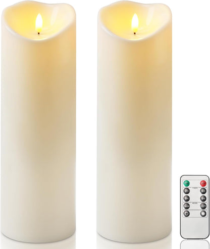 Homemory 6"x3" Outdoor Waterproof Flameless Candles, LED Candles, Battery Operated Candles with Remote and Timers, Electric Fake Plastic Pillar Candles, Ivory White, Set of 2