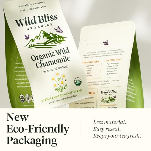 Wild Bliss Organic Chamomile Tea - Caffeine Free Calming Herbal Support - Pharmacopoeia Potency - 20 Plant Based Tea Bags (Pack of 2)