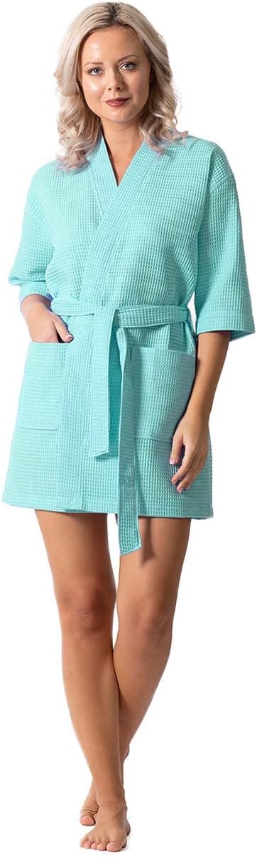 Turkish Linen Lightweight Waffle Knit Bath, Spa & Bridesmaids Kimono Short Robes for Women - Quick Dry & Soft