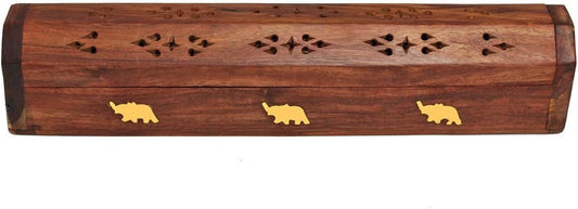 raajsee Beautiful Handmade Wooden Brown Incense Stick Holder Burner Storage Coffin Box - Ash Catcher with Brass Inlay -Home Utilities & Accessories -Meditation -Great Gift for Any Occasion 12x2 inch