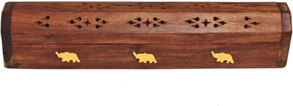 raajsee Beautiful Handmade Wooden Brown Incense Stick Holder Burner Storage Coffin Box - Ash Catcher with Brass Inlay -Home Utilities & Accessories -Meditation -Great Gift for Any Occasion 12x2 inch