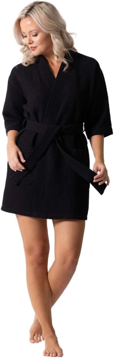 Turkish Linen Lightweight Waffle Knit Bath, Spa & Bridesmaids Kimono Short Robes for Women - Quick Dry & Soft