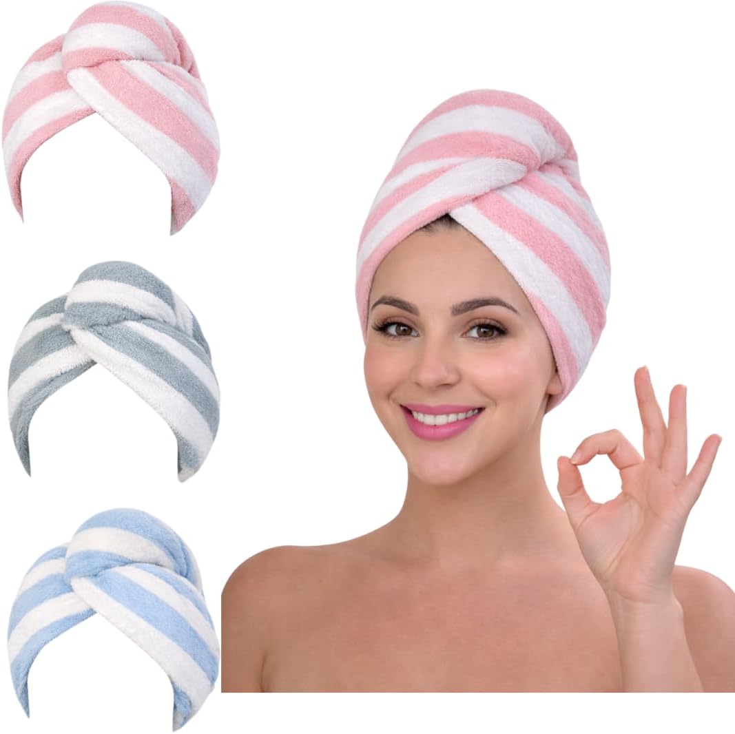 KELVO Microfiber Hair Towel Wrap for Women-Pack of 3, 350 GSM Super Absorbent Quick Dry Hair Turban Anti-Frizz Head Wrap for Curly, Long & Thick Hair Soft Hair Drying Towel (Checkered, Mixed Color)