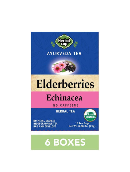Herbal Cup Ayurveda Elderberries Tea, No Caffeine Organic Herbal Teas (Organic Echinacea, 16 Count (Pack of 6))