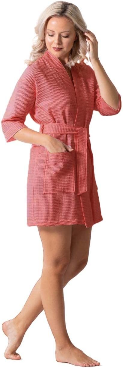 Turkish Linen Lightweight Waffle Knit Bath, Spa & Bridesmaids Kimono Short Robes for Women - Quick Dry & Soft