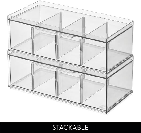 iDesign XL Tea Bag Organizer, Clear, 4-Section | For Counter, Storage Drawer for Cabinet
