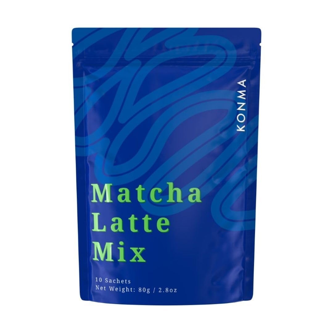 KONMA Matcha Latte Mix, Dairy Free - 10 Individual Serving Sachet Sticks - Lightly Sweet Matcha Green Tea Powder with Cane Sugar for Café Style Blend, 2.8 Ounce (Pack of 10)