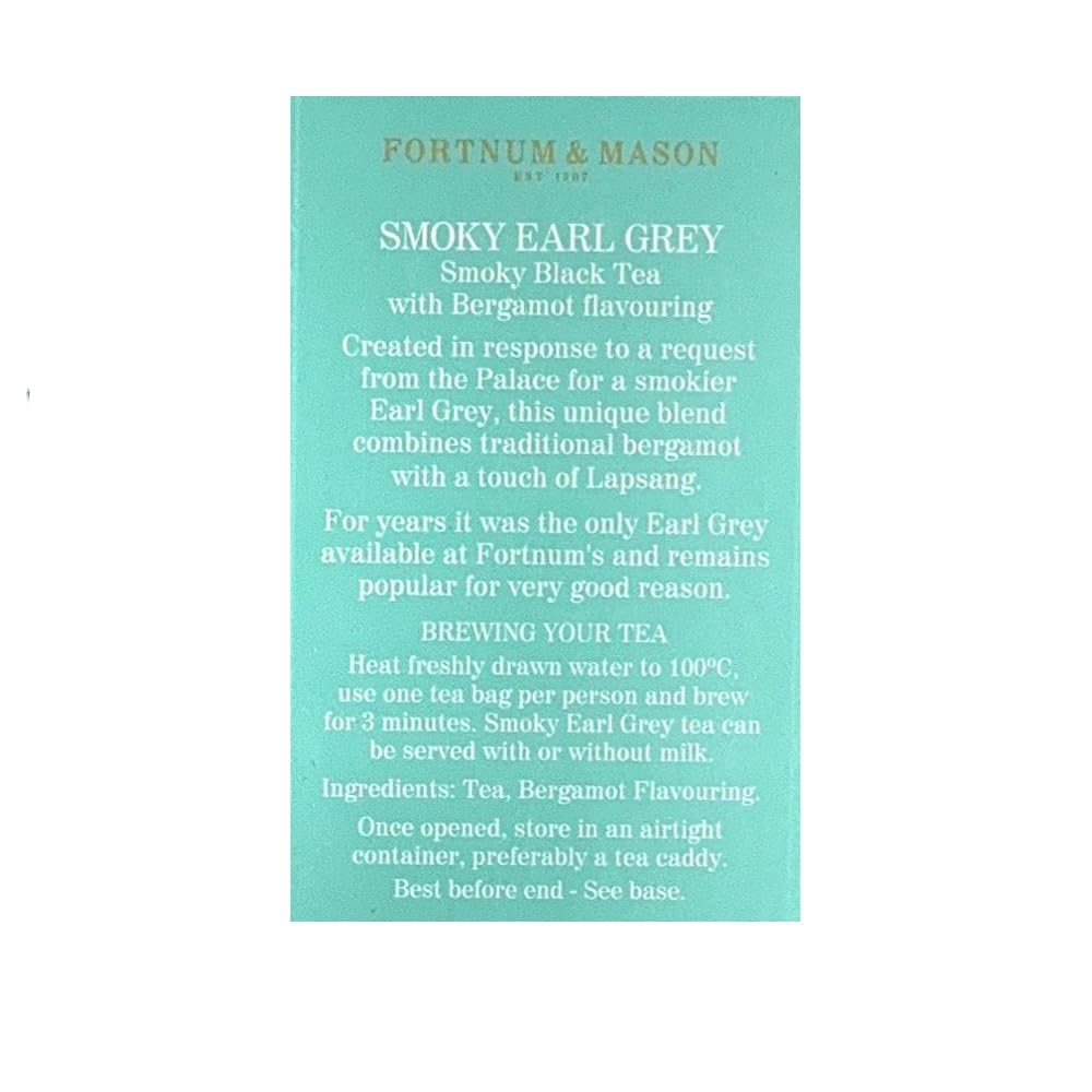 Fortnum and Mason Smoky Earl Grey 25 Count Tea Bags 50g (1 Pack) Cellophane Sealed Box
