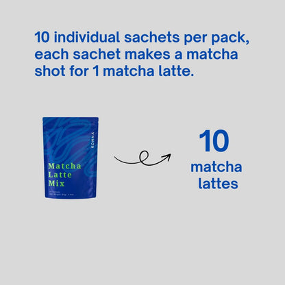KONMA Matcha Latte Mix, Dairy Free - 10 Individual Serving Sachet Sticks - Lightly Sweet Matcha Green Tea Powder with Cane Sugar for Café Style Blend, 2.8 Ounce (Pack of 10)
