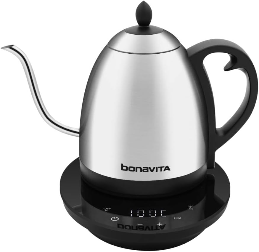 Bonavita 1L Digital Variable Temperature Gooseneck Electric Kettle for Coffee Brew and Tea Precise Pour Control, 6 Preset Temps, Café or Home Use, 1200 Watt, LED Panel, Stainless Steel