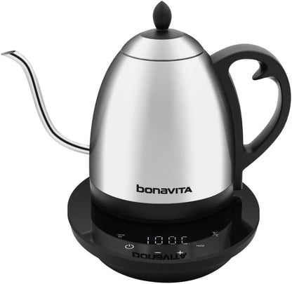 Bonavita 1L Digital Variable Temperature Gooseneck Electric Kettle for Coffee Brew and Tea Precise Pour Control, 6 Preset Temps, Café or Home Use, 1200 Watt, LED Panel, Stainless Steel