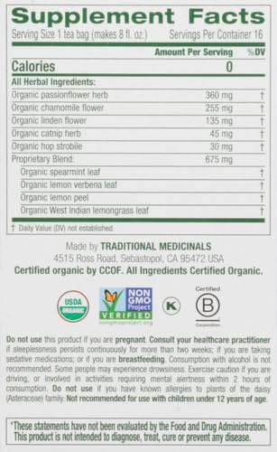 Traditional Medicinals Organic, Nighty Night Tea, Chamomile & Passionflower - Herbal Sleep Aid Teas - Kosher, Non-GMO, Caffeine-Free, Compostable - 16 Tea Bags