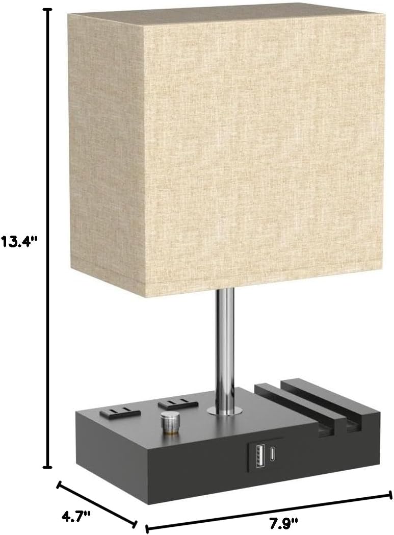 Kakanuo Fully Dimmable Nightstand Lamp for Bedroom with USB C Ports, Grey Small Bedside Table Lamp with Charging Outlets and Phone Stands, Wooden Desk Lamp for Living Room, LED Bulb Included