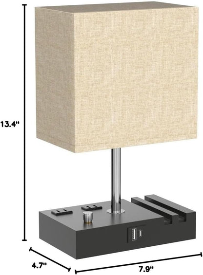Kakanuo Fully Dimmable Nightstand Lamp for Bedroom with USB C Ports, Grey Small Bedside Table Lamp with Charging Outlets and Phone Stands, Wooden Desk Lamp for Living Room, LED Bulb Included