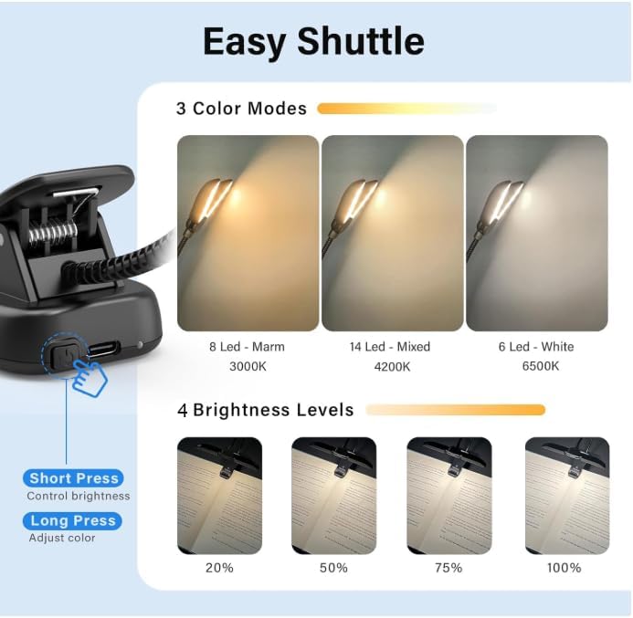 Vekkia 14 LED Rechargeable Book Light for Reading at Night, Eye-Care Reading Light for Books in Bed, 180° Adjustable, Clip on Lamp, 3 Color Temperatures, Lightweight, Present for Reader