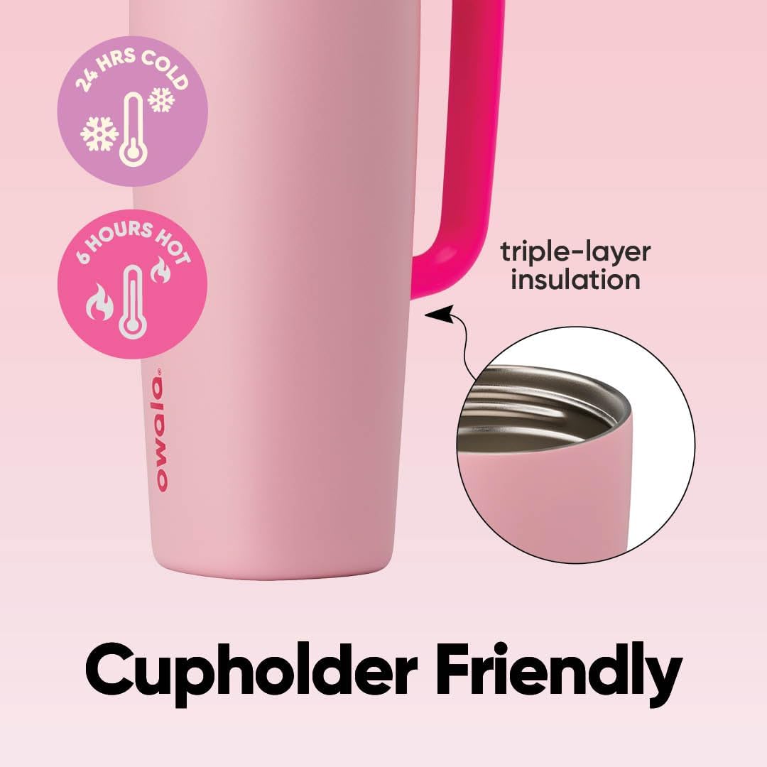 Owala SmoothSip Slider Insulated Stainless Steel Coffee Tumbler, Reusable Iced Coffee Cup, Hot Coffee Travel Mug, BPA Free 12 oz, Pink (Pucker Up)