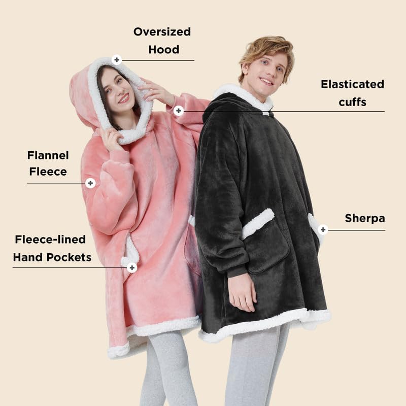 Bedsure Blanket Hoodie, Wearable Blanket Hoodie as Gifts for Mom, Birthday Gifts for Women Kids Teens Mother's Day Sherpa Sweatshirt, Grey, Standard