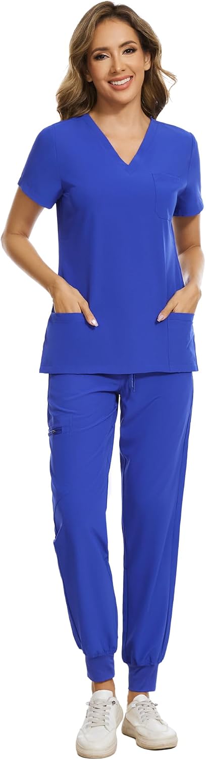 COZYFIT Scrubs for Women Set - Stretch V-Neck Scrub Top & Jogger Pant with 8 Pockets COZY SCRUBS - Colors B