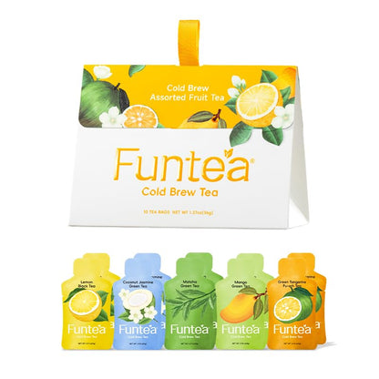 FUNTEA Cold Brew Fruit Tea Sampler, Caffeine-Free Unsweetened Fruit Herbal Blends, 5 Flavors Variety Pack, Individually Wrapped Tea Bags, Fruity Iced Tea, 10 Count (Pack of 1)