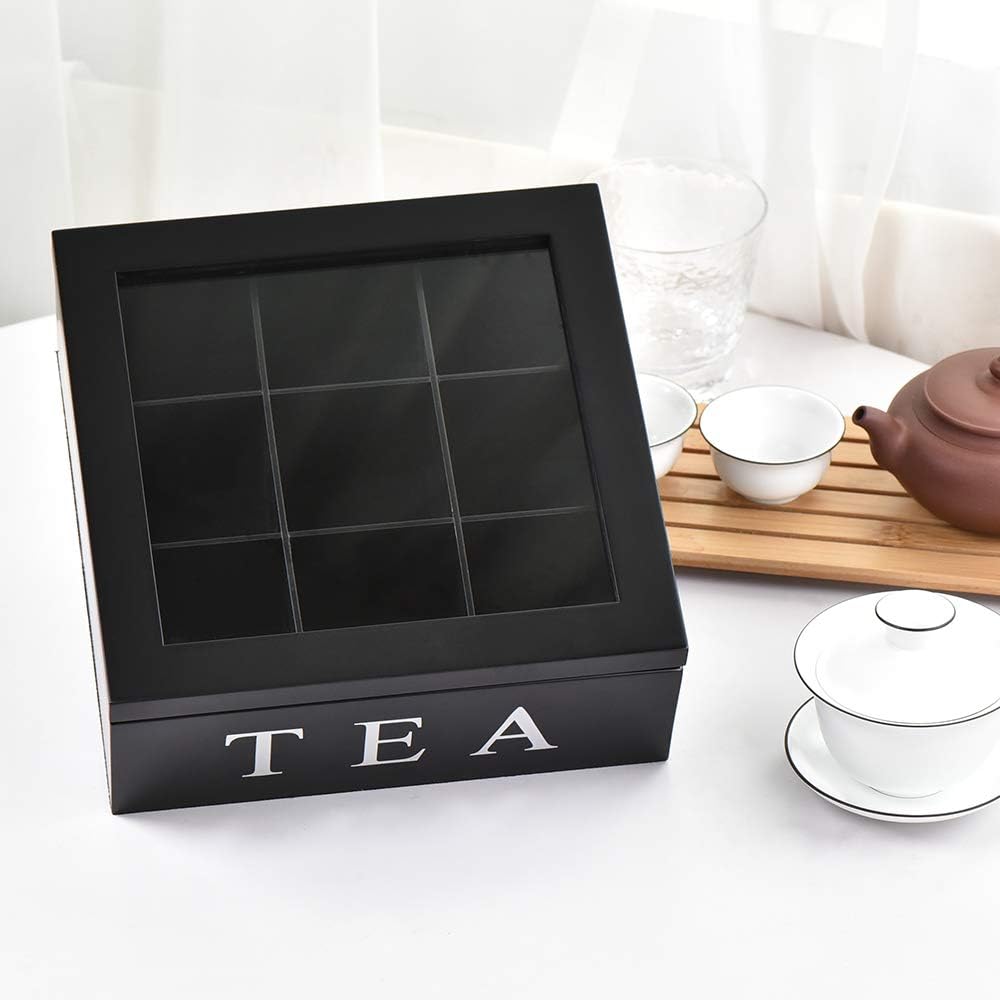 Wood Tea Storage Box, Teabag Storing 9 Compartments Wooden Tea Box Hinged Glass Lid Tea Organizer-Black