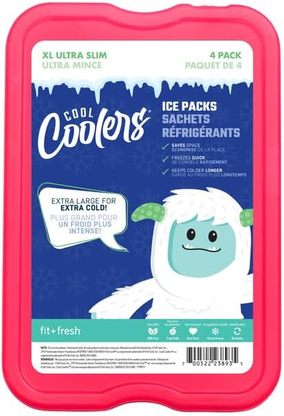 Cool Coolers by Fit & Fresh 4 Pack XL Slim Ice Packs, Quick Freeze Space Saving Reusable Ice Packs for Lunch Boxes or Coolers