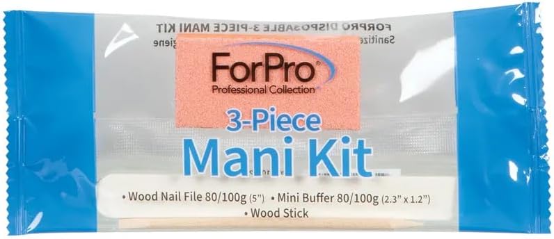 ForPro 3-Piece Mani Kit, 100-Count, Individually-Packed Manicure Set, White Wood Nail File 80/100 Grit, Orange Mini Buffer 80/100 Grit, Wood Stick