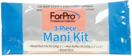 ForPro 3-Piece Mani Kit, 100-Count, Individually-Packed Manicure Set, White Wood Nail File 80/100 Grit, Orange Mini Buffer 80/100 Grit, Wood Stick