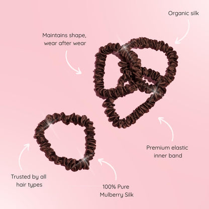 SILKIE x4 Set - Forget Satin - 100% Pure Mulberry Silk Black Brown Skinny Scrunchies Travel Pouch Everyday Hair Ties Elastics Hair Care Ponytail Holder No Damage (Chocolate)