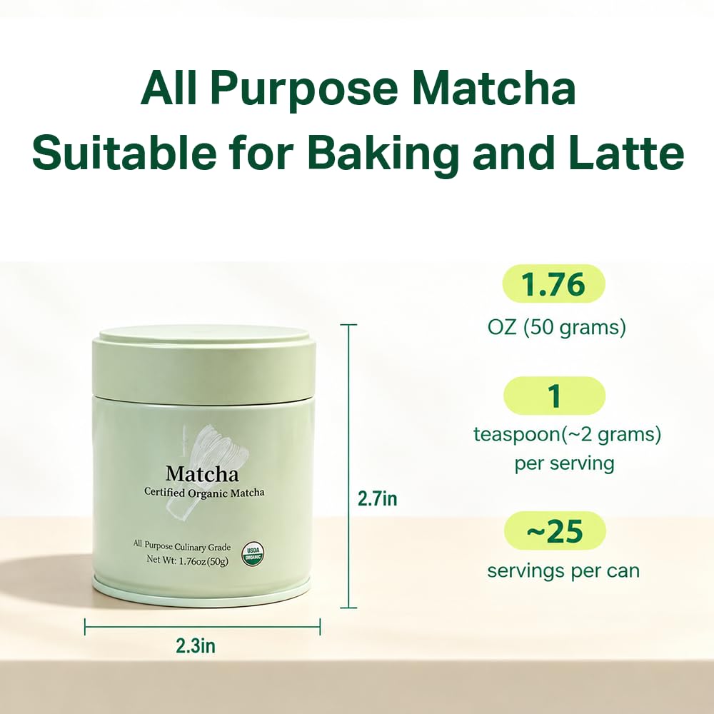 MatchAdmire Matcha Powder Premium First Harvest USDA Certified Organic Green Tea Matcha latte, Rich Flavor, 100% Vegan with No Fillers, Radiation-Free (50g Culinary Grade Matcha)