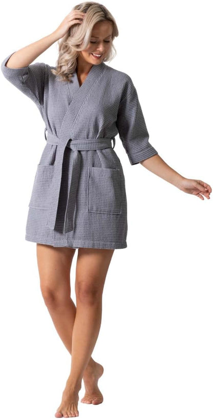 Turkish Linen Lightweight Waffle Knit Bath, Spa & Bridesmaids Kimono Short Robes for Women - Quick Dry & Soft