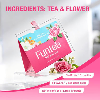 FUNTEA Cold Brew Flower Tea Sampler, Caffeine-Free Unsweetened Herbal Tea, 5 Flavors Variety Pack, Individually Wrapped Tea Bags, Refreshing Iced Tea, 10 Count (Pack of 1)