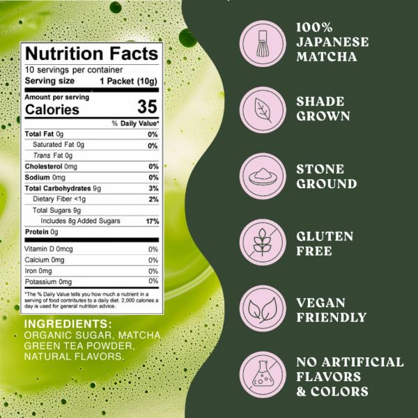 The Harmony Matcha Vanilla (10 Sticks) Premium Sweetened Japanese Matcha Powder, Rich in Antioxidants & L-Theanine, Dairy, Gluten, & Preservative Free, Serve Hot or Iced