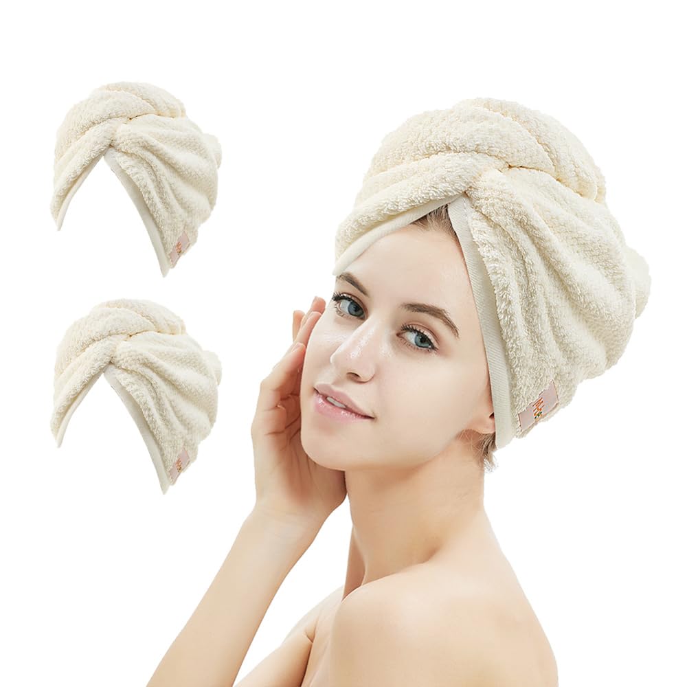 M-bestl 2 Pack Microfiber Hair Towel Wrap,Hair Drying Towel with Button,Quick Dry Hair Towel Turban for Women,Absorbent Anti-frizz Head Towel for Long Thick Curly Hair(Pink&Beige)