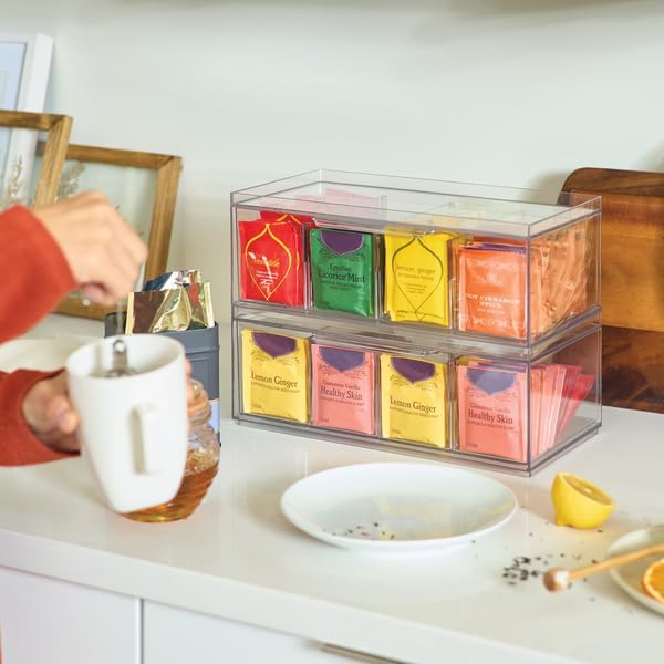 iDesign XL Tea Bag Organizer, Clear, 4-Section | For Counter, Storage Drawer for Cabinet