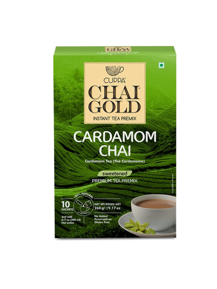 Cuppa Chai Gold Cardamom Chai Instant Tea Premix Sweetened, Rich Cardamom Flavor Tea Beverage Mix, Smooth Creamy Taste, Just Add Hot Water, Convenient Single-Serve Sachets for Home, Office & Travel, 10 Count