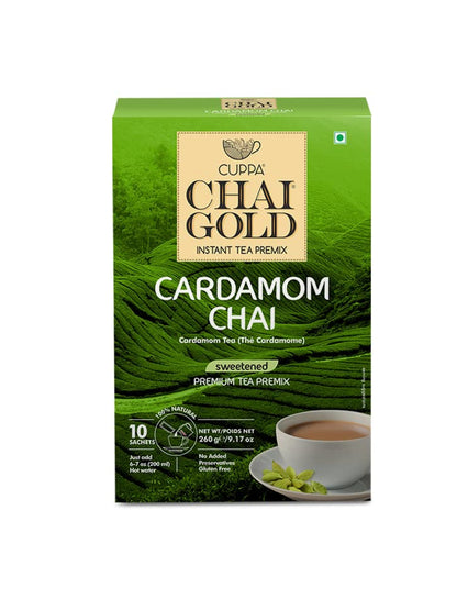 Cuppa Chai Gold Cardamom Chai Instant Tea Premix Sweetened, Rich Cardamom Flavor Tea Beverage Mix, Smooth Creamy Taste, Just Add Hot Water, Convenient Single-Serve Sachets for Home, Office & Travel, 10 Count