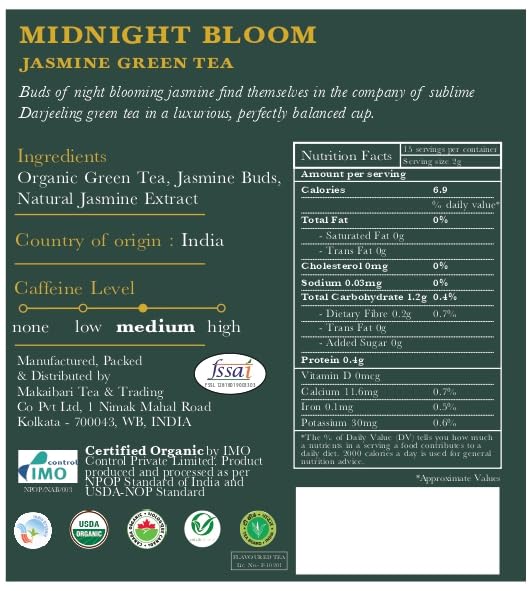 Luxmi Estates Midnight Bloom Jasmine Darjeeling Green Tea | 25 Biodegradable Tea Bags, 50g/1.76 oz
