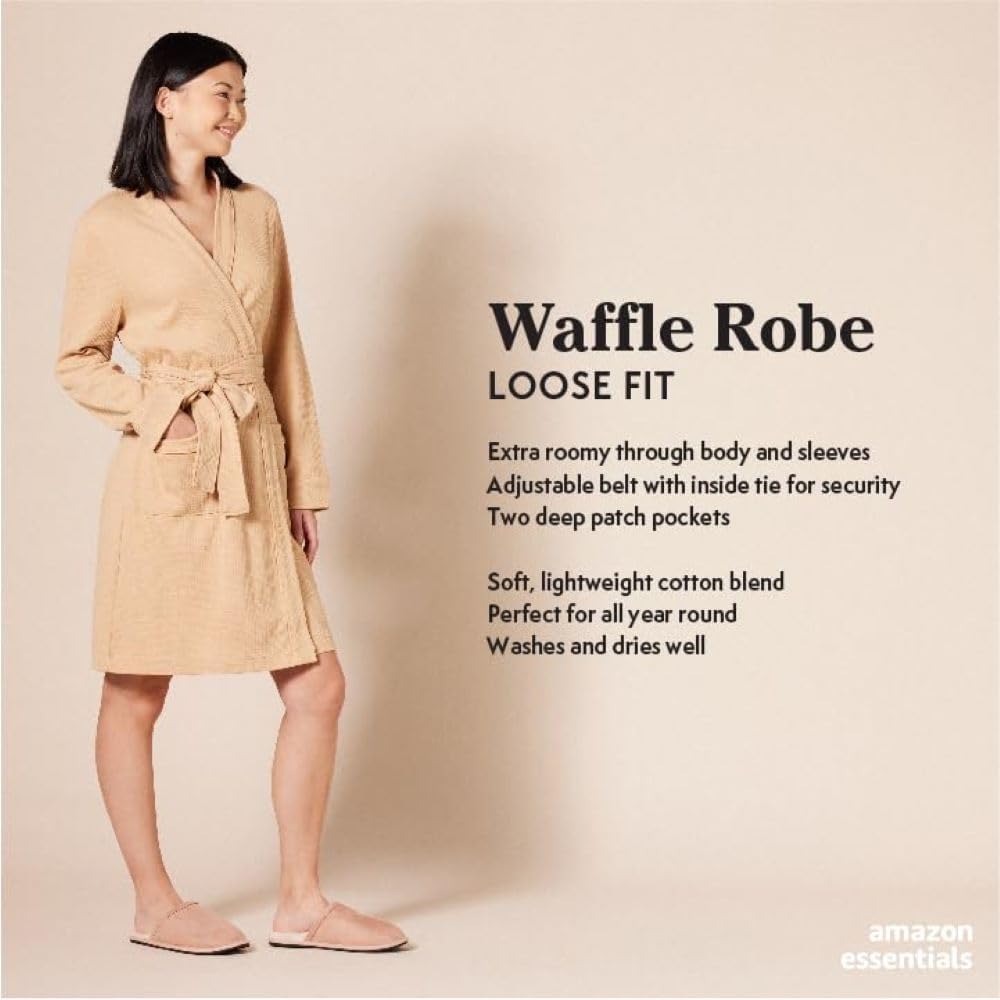 Amazon Essentials Women's Lightweight Cotton Blend Waffle Mid-Length Bathrobe, Breathable Loungewear (Available in Plus Size)