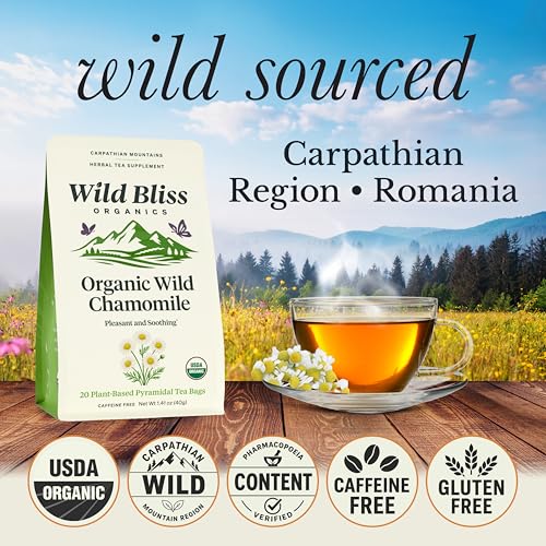 Wild Bliss Organic Chamomile Tea - Caffeine Free Calming Herbal Support - Pharmacopoeia Potency - 20 Plant Based Tea Bags (Pack of 2)