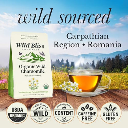 Wild Bliss Organic Chamomile Tea - Caffeine Free Calming Herbal Support - Pharmacopoeia Potency - 20 Plant Based Tea Bags (Pack of 2)