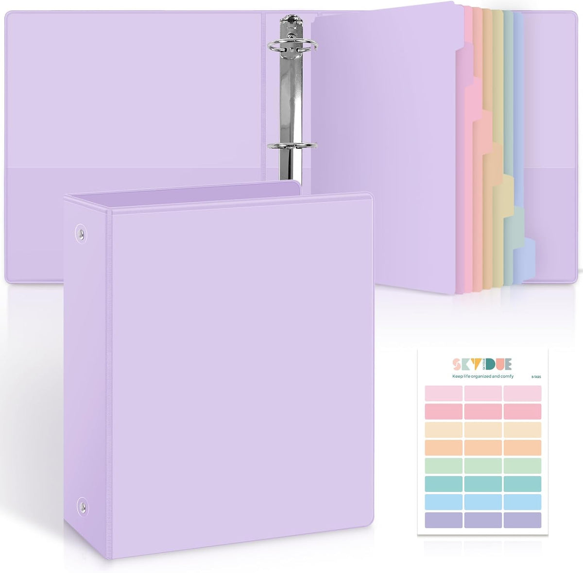 SKYDUE 1 Inch 3 Ring Binder with 8 Tab Dividers & 24 Labels, Pastel Binder Organizer for Letter Size Paper, Aesthetic School Binder for Notes, Documents, Office & Home Organization, Purple