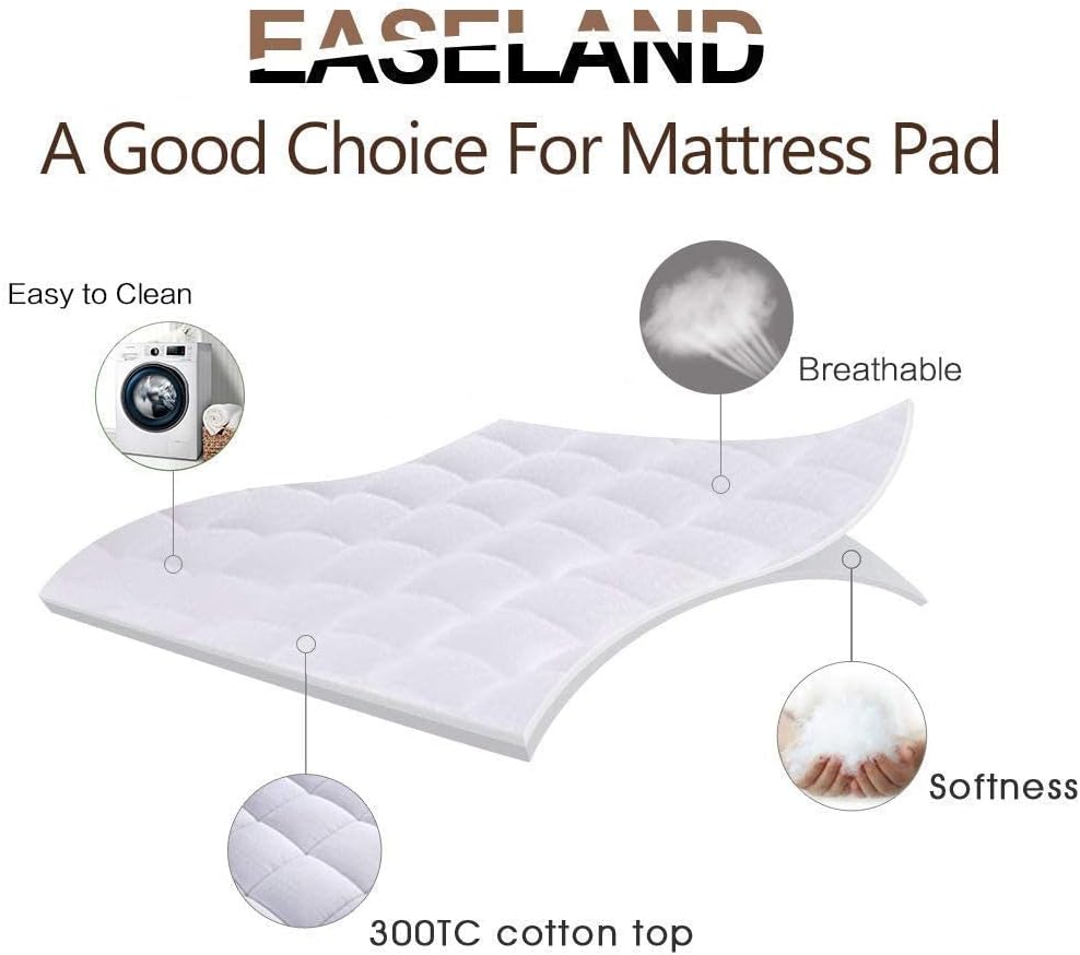 EASELAND Queen Size Mattress Pad Pillow Top Mattress Cover Quilted Fitted Mattress Protector Cotton Top Stretches up 8-21" Deep Pocket Cooling Mattress Topper (60x80 inch, White)