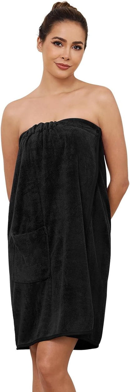 AMVELOP Womens Knee Length Wrap Towel,Button Bath Robe Adjustable Closure,Lightweight Spa Bathrobes With Pocket