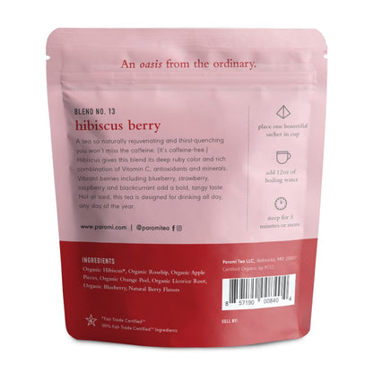 Paromi Organic Hibiscus Berry Herbal Tea, 15 Full-Leaf Pyramid Sachets in a Resealable Pouch — Caffeine Free, Hibiscus, Rosehip & Berry, Hot or Iced, Fair Trade Ingredients & Non-GMO