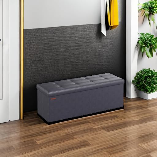 SONGMICS MAZIE Collection - 43 Inches Folding Storage Ottoman Bench, Ottoman with Storage, Foot Rest Stool, Load 660 lb, for Living Room, Synthetic Leather, Black ULSF701