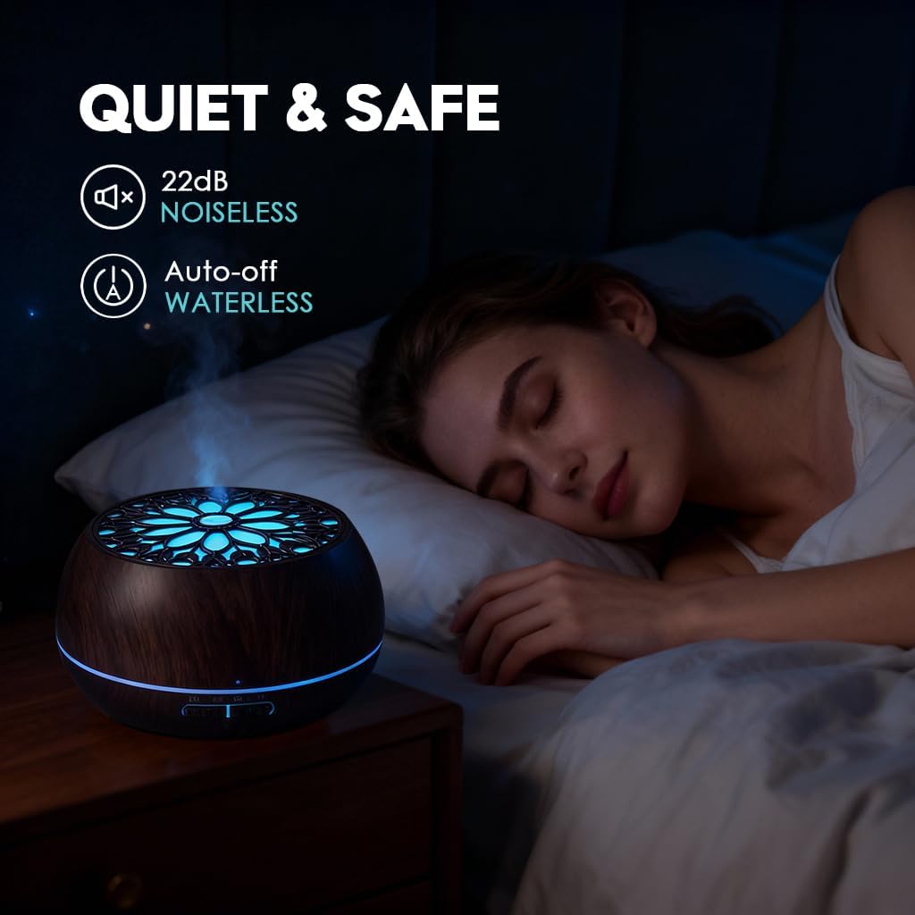 550ml Large Capacity Essential Oil Diffuser 6 Essentil Oil Set Aromatherapy Ultrasonic Air Humidifier with Timer and 7 Color LED Night Light Remote Control Waterless Auto-Off White Wood Grain