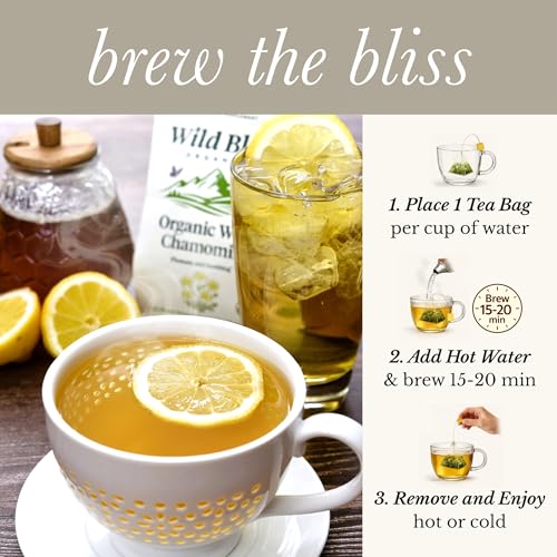 Wild Bliss Organic Chamomile Tea - Caffeine Free Calming Herbal Support - Pharmacopoeia Potency - 20 Plant Based Tea Bags (Pack of 2)