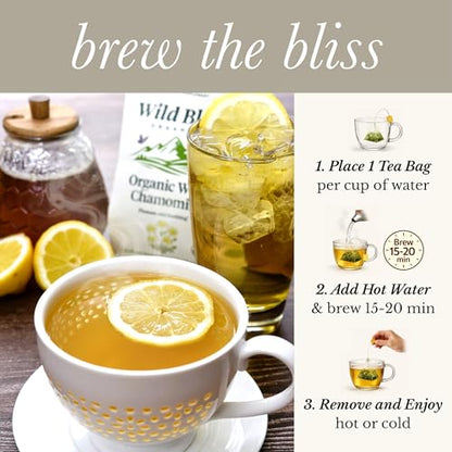 Wild Bliss Organic Chamomile Tea - Caffeine Free Calming Herbal Support - Pharmacopoeia Potency - 20 Plant Based Tea Bags (Pack of 2)